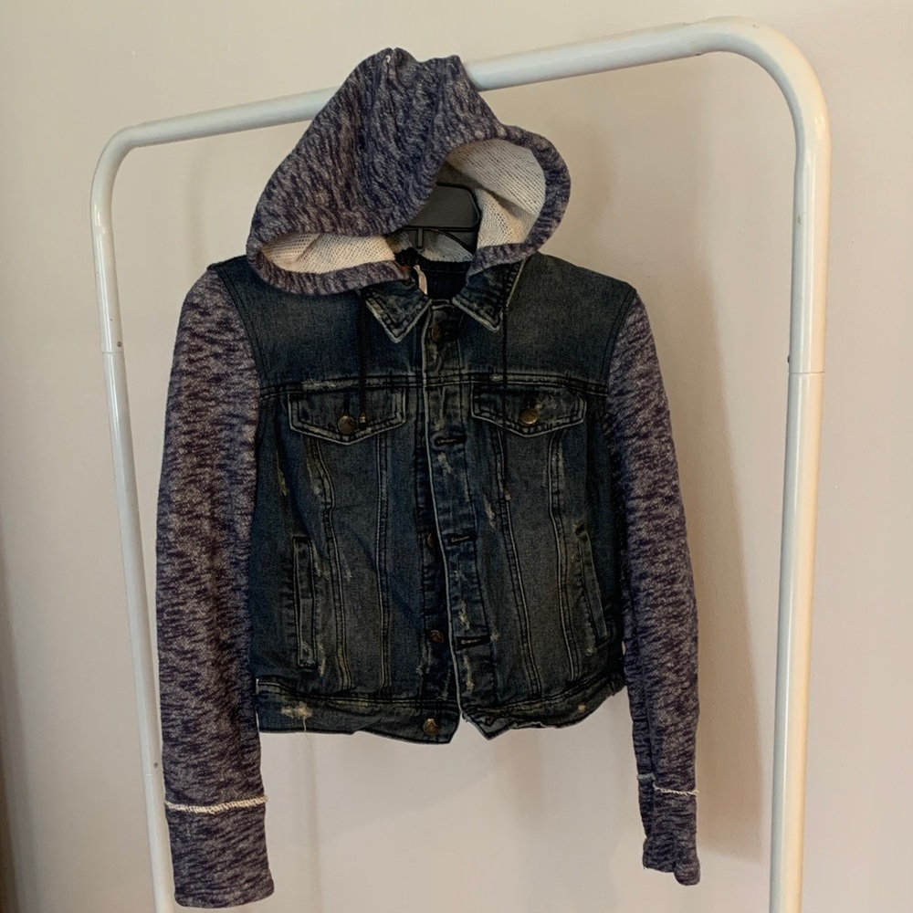 Denim Jacket with Navy Blue Knit Sleeves